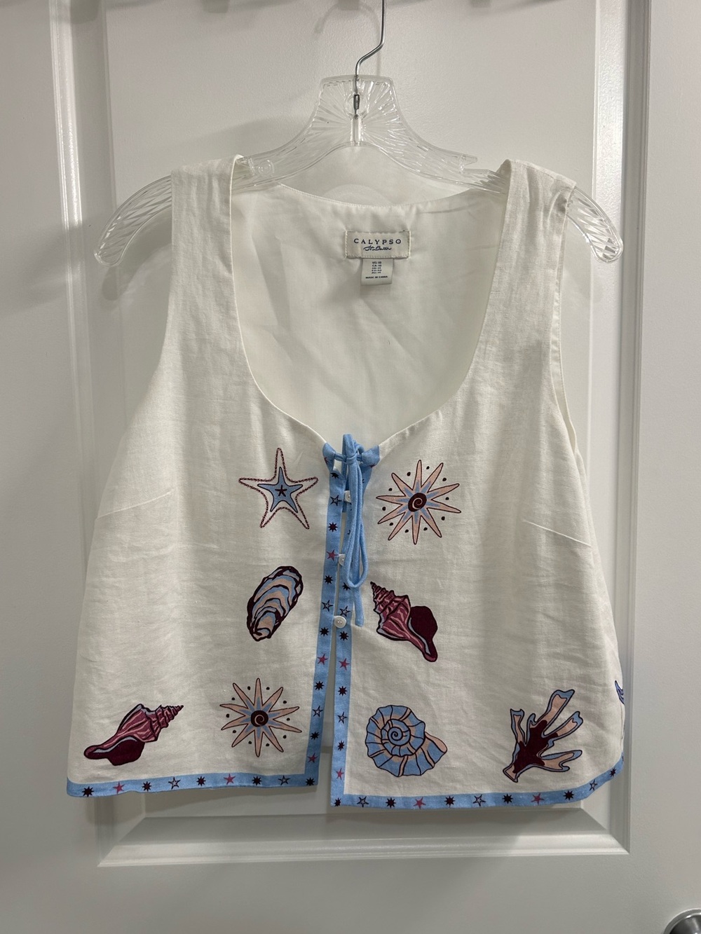 White Embroidered Shell-Print Tie-Front Tank